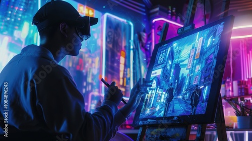 An artist creating digital artworks using virtual reality brushes and interactive canvases in a cyberpunk-inspired studio, Cyberpunk art creation scene, Neon style photo