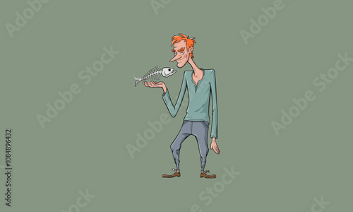 Quirky man holding a fish skeleton with a sly smile.