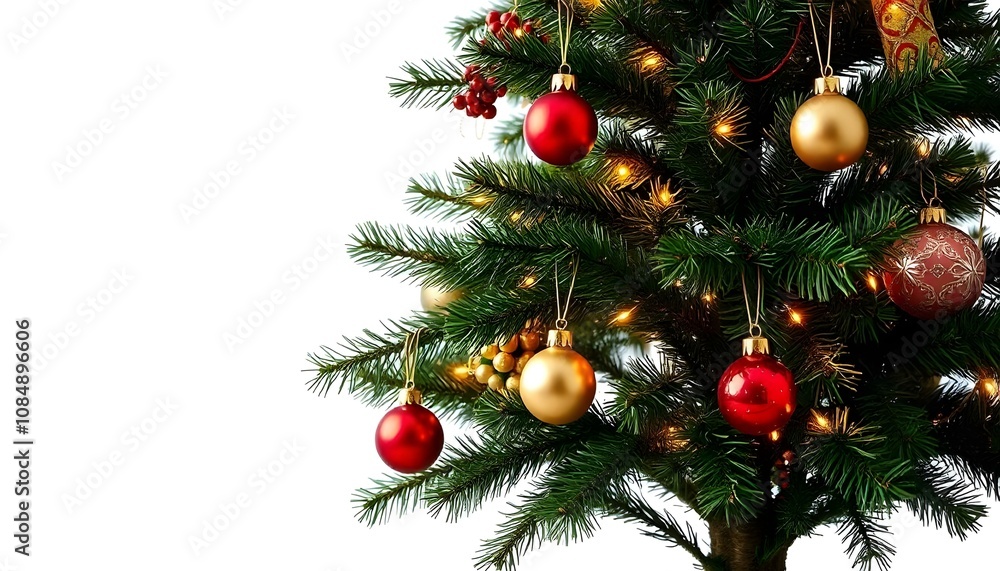 Fototapeta premium Christmas, tree, holiday, festive, decoration, ornaments, lights, isolated, white, background, seasonal, celebration, sparkle, glowing, shiny, winter, festivevibes, holidayseason, merry, joy, pine, 