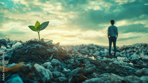 A large mountain of plastic and garbage with a small green sprout on it, and a small man on th background as an idea of the fight against the enormous consequences of consumption and personal responsi