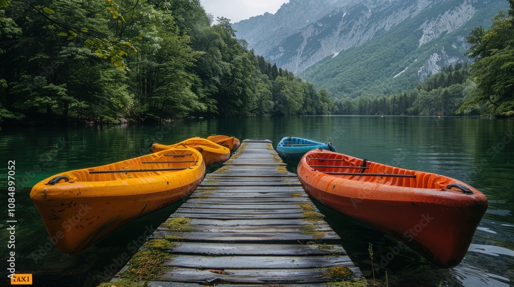 Kayaks on a Calm Lake with Mountain Views Kayaks on a Calm Lake with Mountain Views