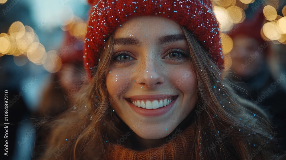 joyful woman wearing red hat, smiling with festive lights around her joyful woman wearing red hat, smiling with festive lights around her