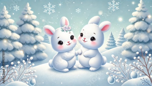 雪景色と可愛い白うさぎのイラスト