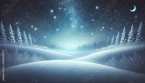 夜の幻想的な雪景色のイラスト
