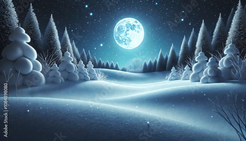 夜の幻想的な雪景色のイラスト
