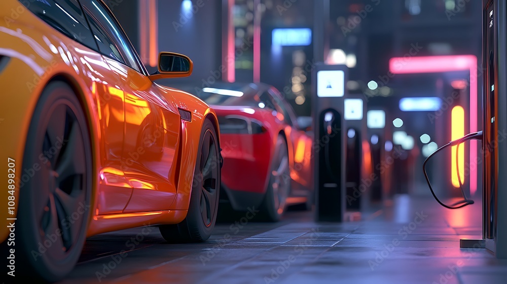 Orange sport car in the city street at night Orange sport car in the city street at night Orange sport car in the city street at night Orange sport car in the city street at night