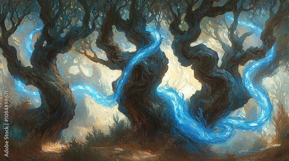 Fototapeta premium Enchanted Forest with Winding Blue Stream Flowing Through Gnarled Trees and Mystical Atmosphere Evoking a Sense of Wonder and Fantasy in Nature