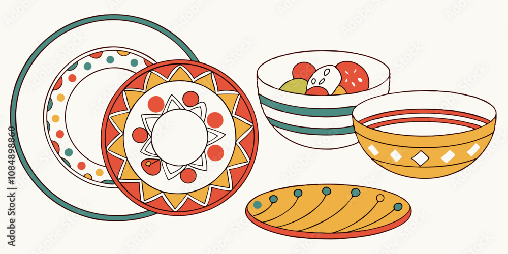 A variety of color plates and bowls on background
