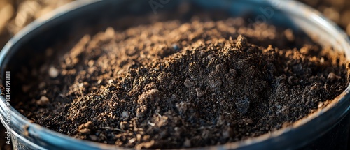 Close-up of rich, dark garden soil in a pot. photo