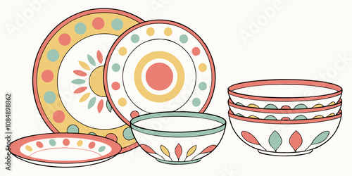A variety of color plates and bowls on background
