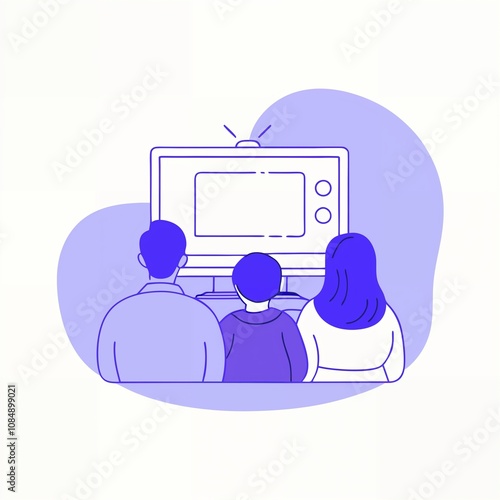 Family watching TV together, minimal purple illustration