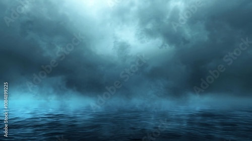 A serene ocean scene under a dramatic sky filled with dark clouds, creating a moody atmosphere.