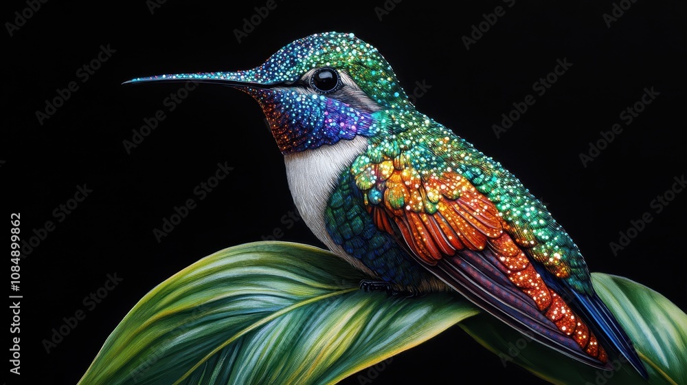 Fototapeta premium Vibrantly Colored Hummingbird Perched on Leaf with Intricate Detail, Capturing the Majestic Beauty of Nature in Stunning Realism and Colorful Patterns