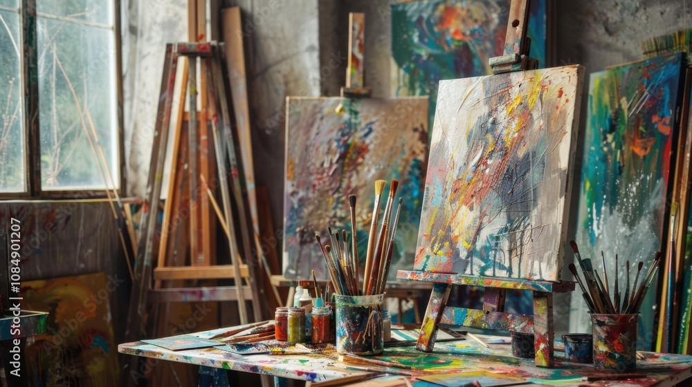 An artist's workspace filled with brushes, paints, and unfinished canvases An artist's workspace filled with brushes, paints, and unfinished canvases