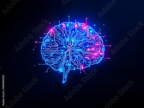 An image of an AI brain, depicted as circuitry and motherboard components, glowing with neon blue and purple lights on a black background. photo