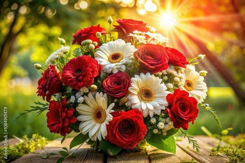 Beautiful Bouquet of Red and White Roses and Gerberas in a Vibrant Landscape Setting for Floral Photography, Nature's Beauty, and Garden Inspiration