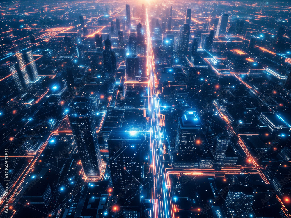 Fototapeta premium An abstract rendering of a smart city with digital networks, glowing lines and dots representing interconnected smart technologies.