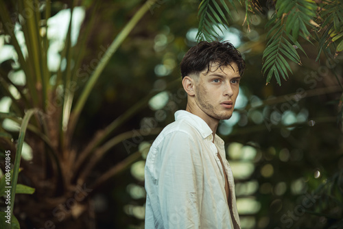 Young man with a concerned expression standing in a lush jungle, appearing lost. Wearing an open white shirt, he embodies themes of survival, exploration, and adventure. Ideal for high-quality photo