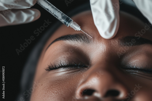 Close up of botox or filler being injected into face between eyebrows