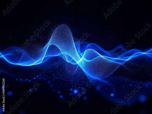 An abstract image of a digital wave form on a dark background, symbolizing voice recognition or sound technology. The wave should be in glowing neon blue, giving the image an ethereal quality.