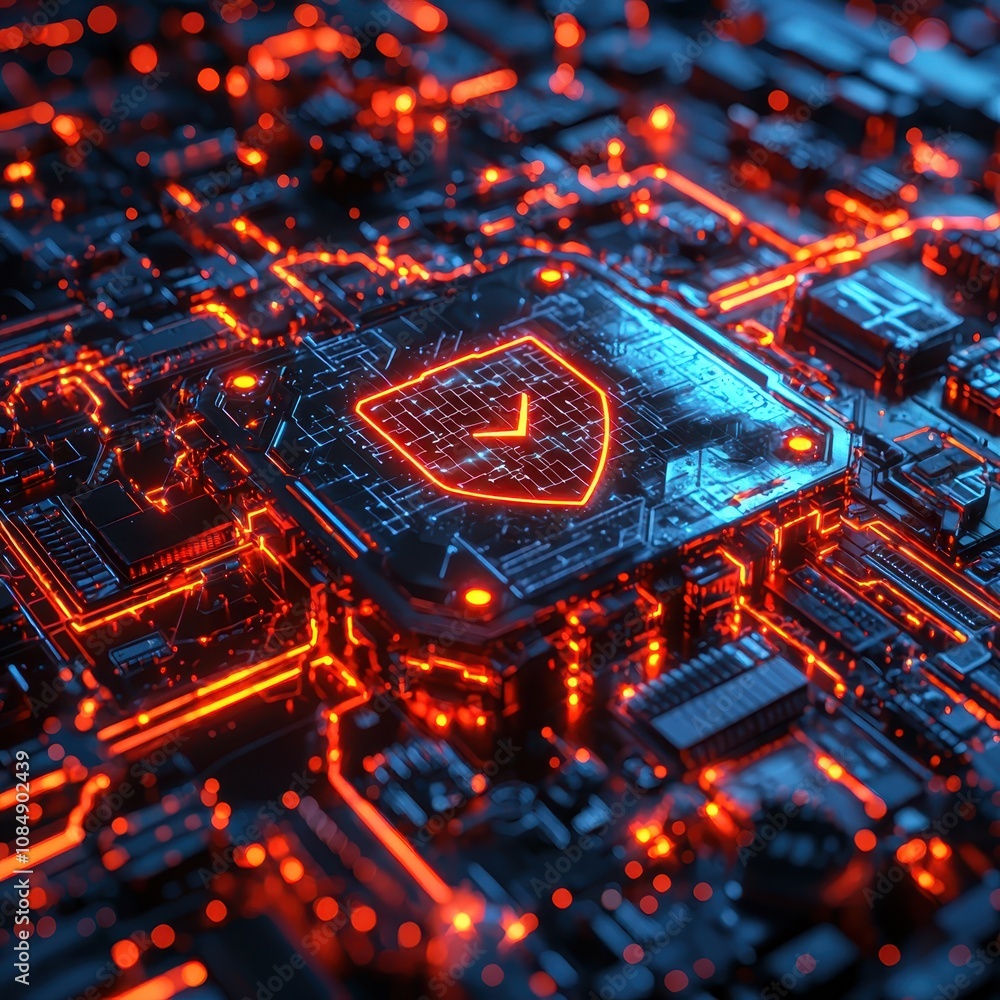 Futuristic Technology Circuit Board with Glowing Patterns and Shield Icon Representing Cybersecurity and Data Protection in a Digital Landscape Futuristic Technology Circuit Board with Glowing Patterns and Shield Icon Representing Cybersecurity and Data Protection in a Digital Landscape