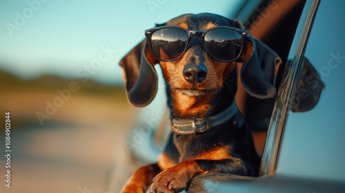 Stylish Dachshund Wearing Sunglasses Enjoying a Scenic Drive in a Car Window with a Beautiful Natural Background on a Sunny Day