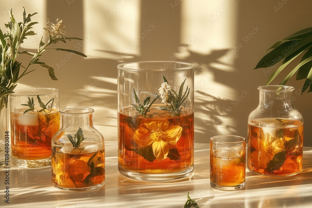 Colorful herbal tea served in various glassware, enhanced by sunlight and fresh flowers. Colorful herbal tea served in various glassware, enhanced by sunlight and fresh flowers.