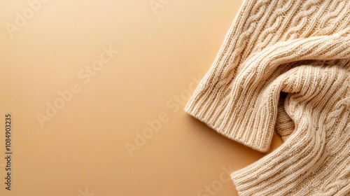 Cropped cable knit sweater on warm beige background fashion still life cozy environment top view textile concept photo