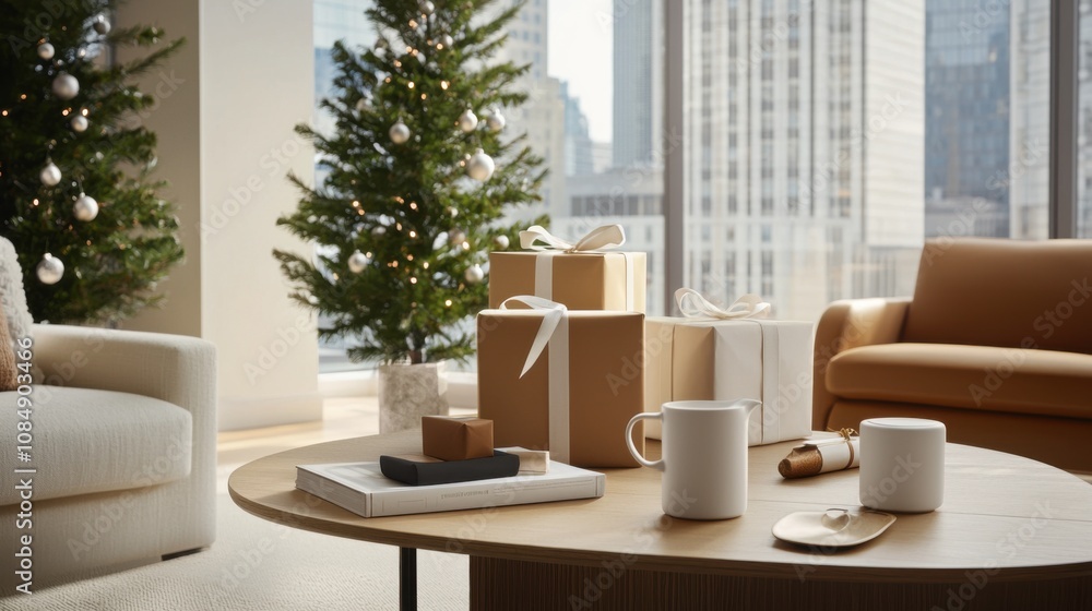 Festive holiday gift presentation urban living room home decor cozy atmosphere inviting view seasonal charm Festive holiday gift presentation urban living room home decor cozy atmosphere inviting view seasonal charm