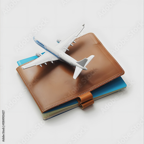 passport with airplane ticket and toy plane representing travel preparation and summer vacation highlighted by white, detailed, png photo