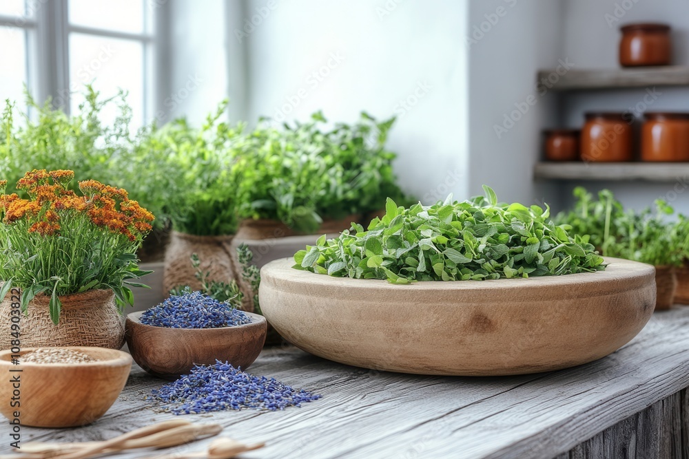 Fresh greenery fills the bright kitchen, showcasing herbs and flowers in natural light.