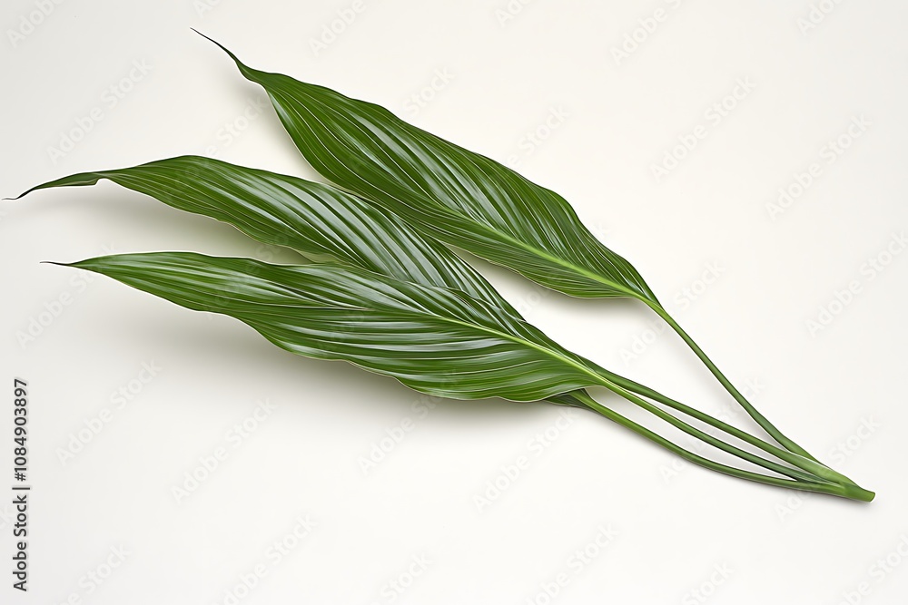 Three vibrant green leaves arranged elegantly on white Three vibrant green leaves arranged elegantly on white