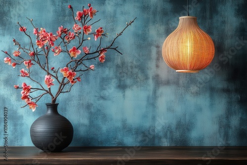 A striking vase filled with pink flowers sits next to a glowing pendant lamp against a blue background.