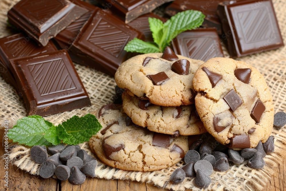 Fototapeta premium A plate of chocolate chip cookies and chocolate bars