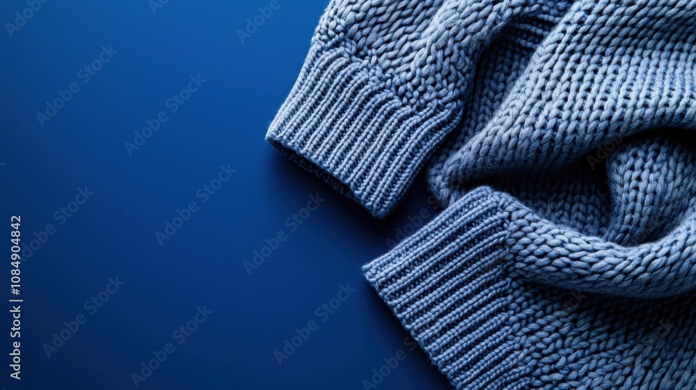 Relaxed fit sweater with wide sleeves deep navy background textured knit studio lighting cozy fashion concept Relaxed fit sweater with wide sleeves deep navy background textured knit studio lighting cozy fashion concept