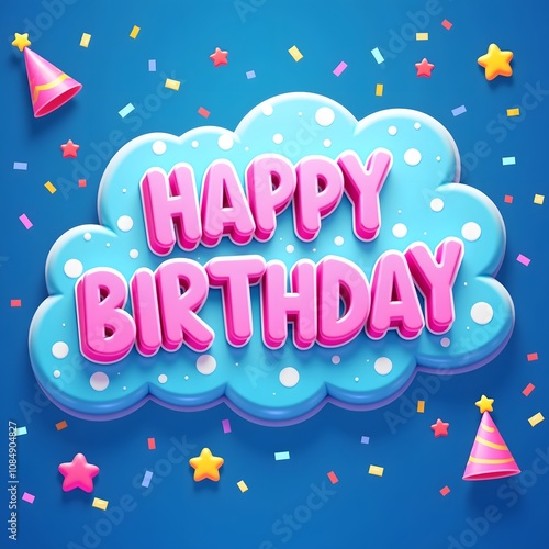 3D "Happy Birthday" text on a blue cloud with confetti and party hats.