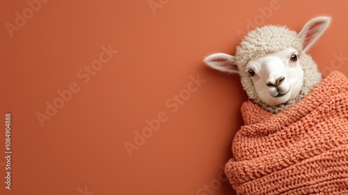 Cozy alpaca sweater wrapped lamb soft terracotta background cute animal portrait warm and inviting close-up view textured comfort photo