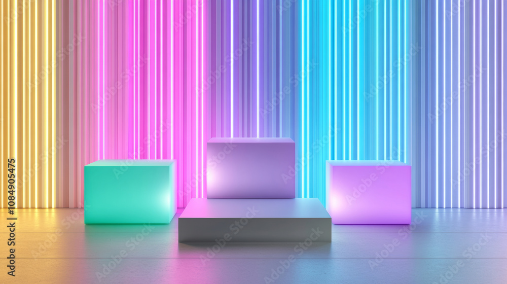 3D abstract neon light technology virtual reality background. cyberpunk futuristic fashion sci-fi line and shape curve geometric colorful rainbow glow glossy product stage wallpaper 3D abstract neon light technology virtual reality background. cyberpunk futuristic fashion sci-fi line and shape curve geometric colorful rainbow glow glossy product stage wallpaper