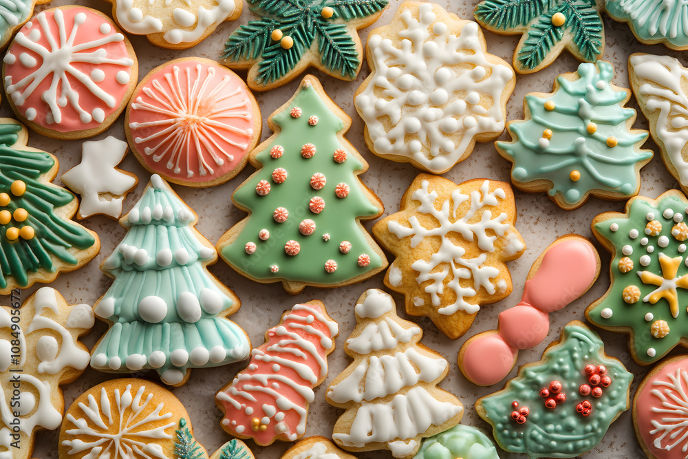 Decorated Christmas Cookies in Red, Green, and White with Snowflake and Star Shapes Decorated Christmas Cookies in Red, Green, and White with Snowflake and Star Shapes