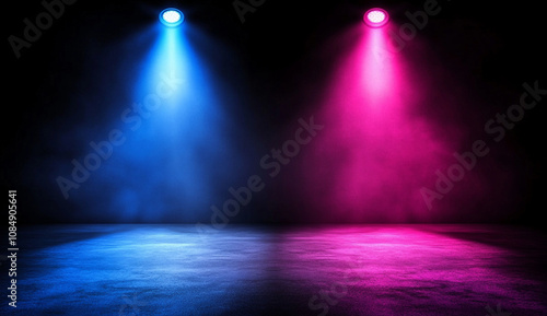 abstract background featuring blue and pink lights illuminating dark room, creating