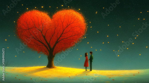 Romantic digital illustration featuring a heart-shaped red autumn tree against a teal sky, with a couple holding hands beneath falling golden leaves.