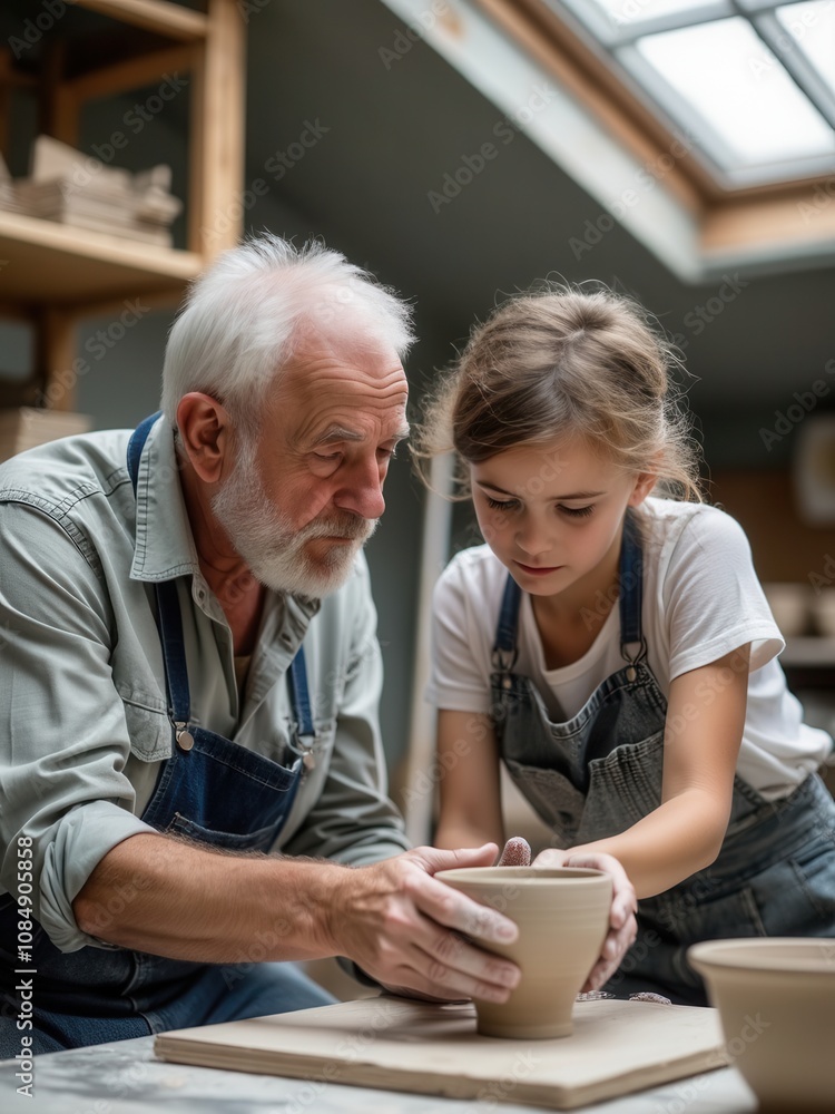 A skilled workshop is alive with creativity as an elderly man guides a young girl in shaping clay pots. The warm atmosphere features natural light, highlighting their shared focus on the art of potter A skilled workshop is alive with creativity as an elderly man guides a young girl in shaping clay pots. The warm atmosphere features natural light, highlighting their shared focus on the art of potter