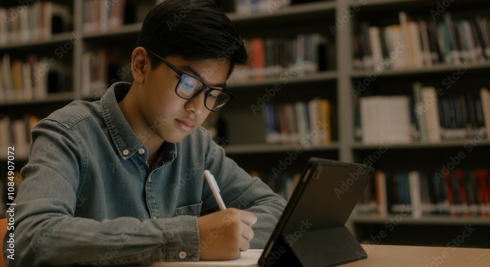 A young student is focused on studying in a library, using a tablet and taking notes in a notebook. The warm atmosphere of the library’s bookshelves surrounds him as he engages in learning during even A young student is focused on studying in a library, using a tablet and taking notes in a notebook. The warm atmosphere of the library’s bookshelves surrounds him as he engages in learning during even
