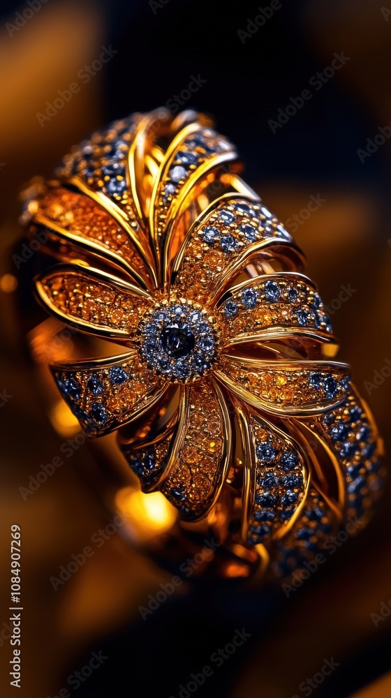 Fototapeta premium Antique Gold Ring with Twisted Band, Intricate Floral Patterns & Gemstones against Dark Background, Fine Jewelry Close-up Masterpiece
