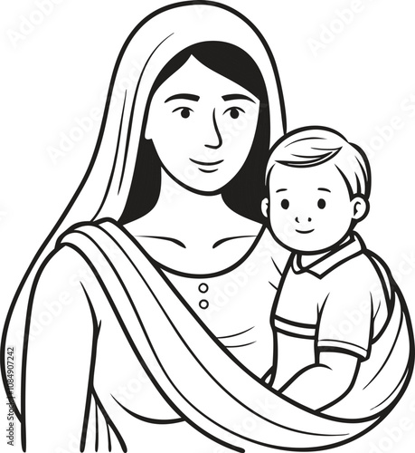 Mothers Day line art vector Single line drawing Woman hold her baby Vector illustration