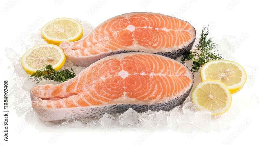 Fresh Salmon Steaks on Ice with Lemon Slices and Dill Garnish - Pristine Artistic Presentation in High Resolution Commercial Stock Photo Fresh Salmon Steaks on Ice with Lemon Slices and Dill Garnish - Pristine Artistic Presentation in High Resolution Commercial Stock Photo