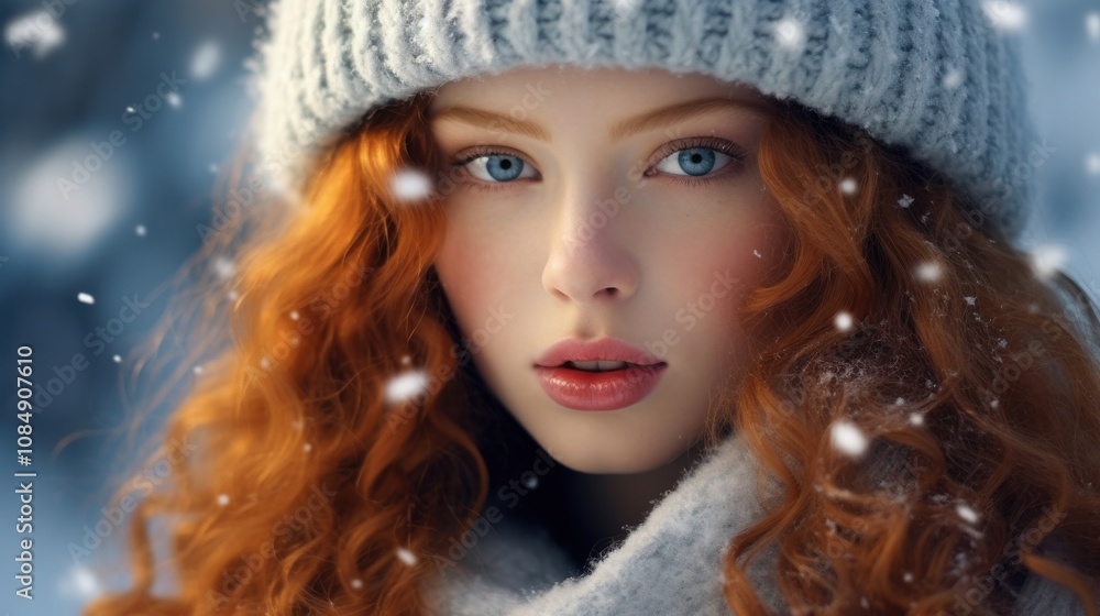 Stylized Portrait of Winter Wonderland Woman with Red Hair & Green Eyes Under Frosty Snowflakes and Soft White Outfit Stylized Portrait of Winter Wonderland Woman with Red Hair & Green Eyes Under Frosty Snowflakes and Soft White Outfit