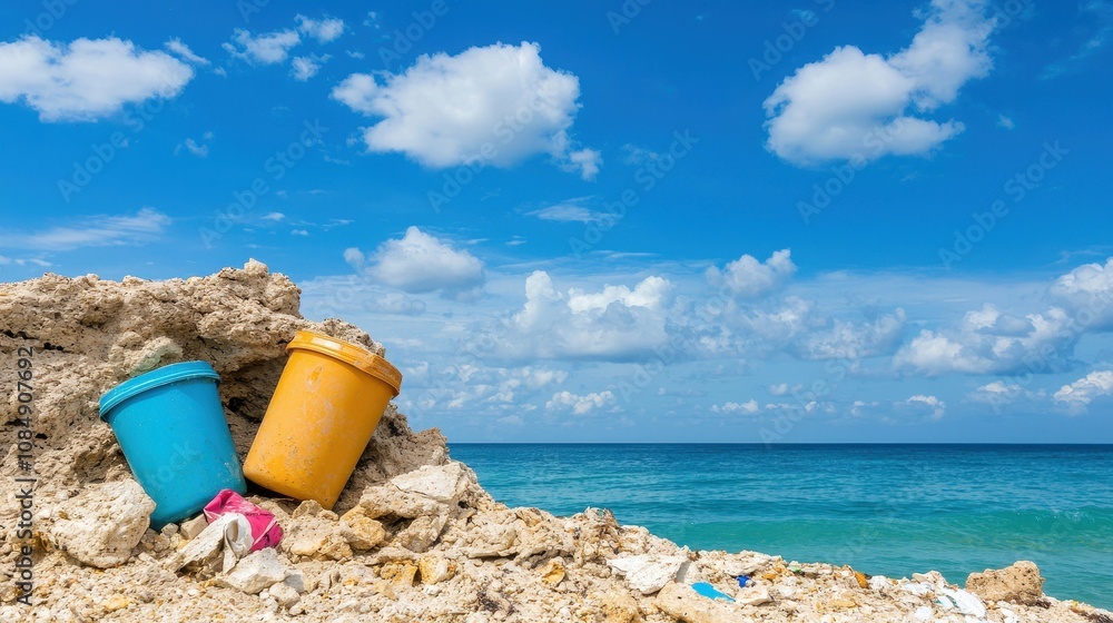 Environmental Pollution Littered beach with colorful buckets and ocean view Coastal , Cleanup Environmental Pollution Littered beach with colorful buckets and ocean view Coastal , Cleanup