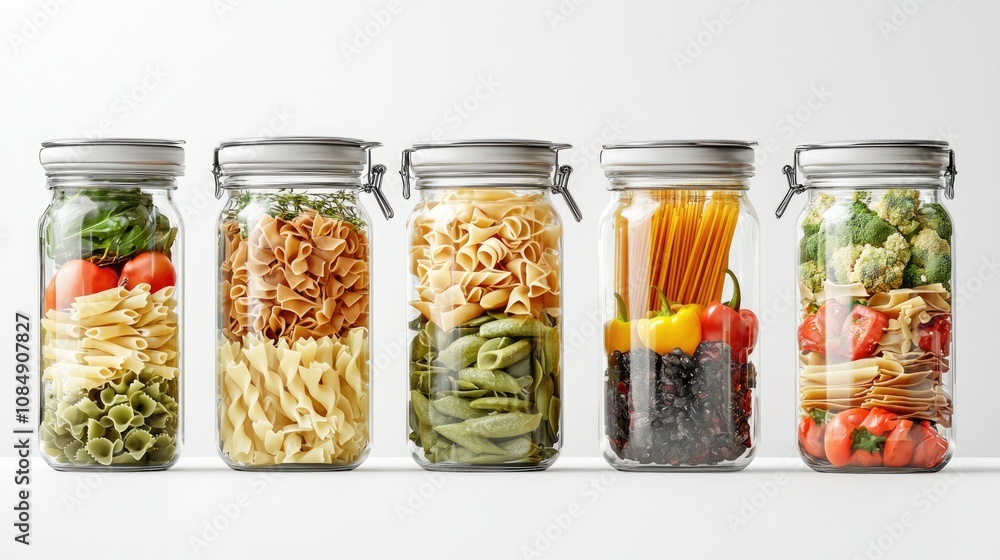 Elegant Artisan Pasta Display in Unlabeled Glass Jars, Exuding Premium Aesthetic - Commercial Photography with Focus on Artistic Presentation in Natural Light