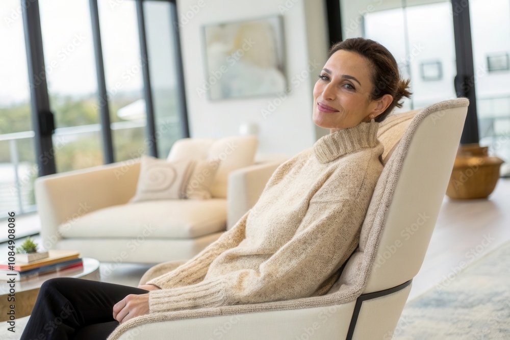 A woman dressed in a warm, stylish sweater rests comfortably in a contemporary living room filled with natural light. She enjoys a moment of relaxation while surrounded by a minimalist decor. A woman dressed in a warm, stylish sweater rests comfortably in a contemporary living room filled with natural light. She enjoys a moment of relaxation while surrounded by a minimalist decor.